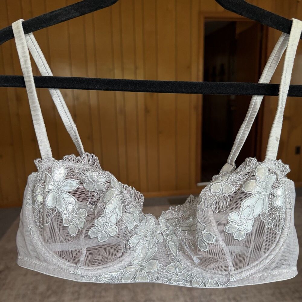 Fleur du Mal Lace Balconette Bra 34D Silver Grey Embroidered Underwire Silk Sexy - Picture 6 of 12